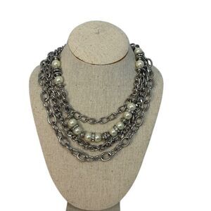 Premier Designs Instaglam Long or Bib Multichain Necklace Silver tone Pearls